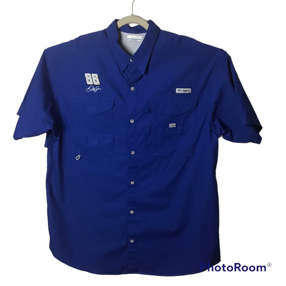 Columbia P.F.G blue short sleeve fishing shirt w/Dale Jr 88 logo. XL